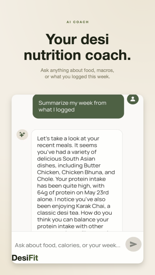 DesiFit AI coach screen summarizing a week of South Asian meals.