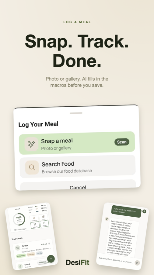 DesiFit meal logging sheet with snap a meal and food search options.