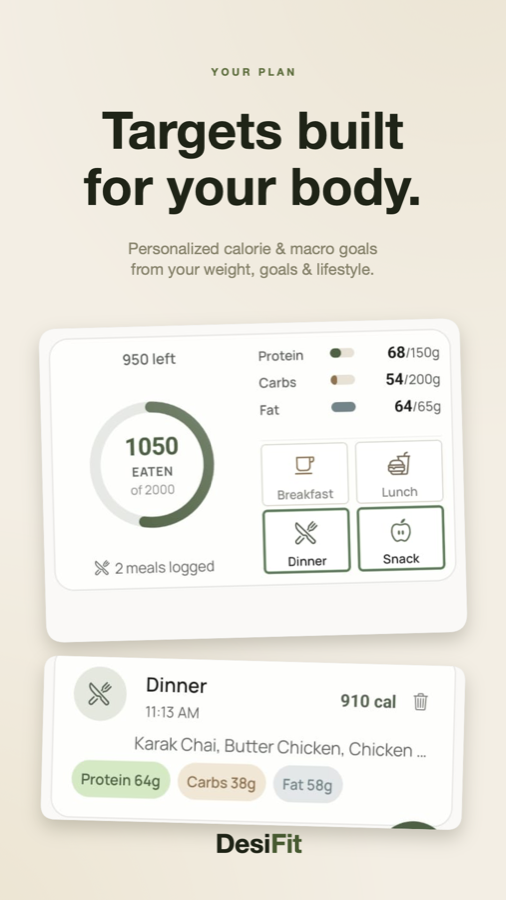 DesiFit daily dashboard showing calories eaten, macros, and logged meals.
